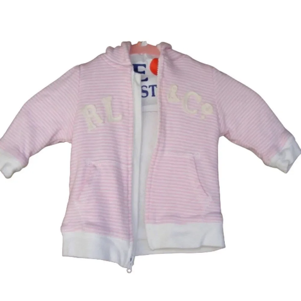 RALPH LAUREN 9M Hoodie, RL & Co, Pink Stripes/White Terry, Zipper, Pockets